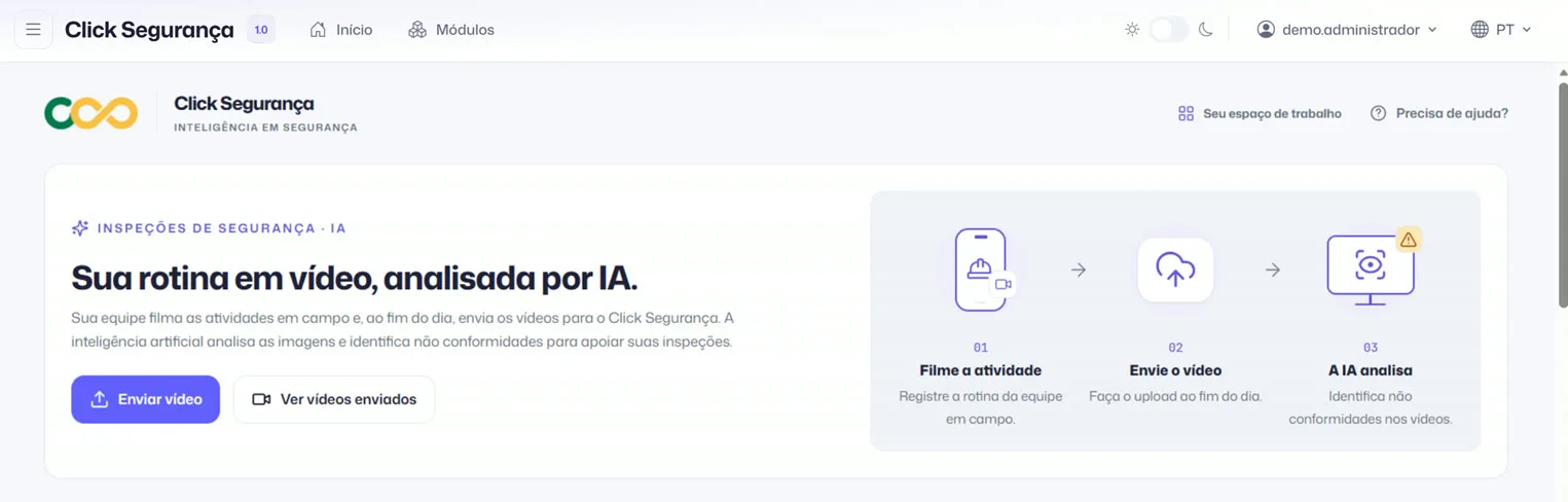 Tela da plataforma Click Segurança: módulo de inspeções de segurança com IA